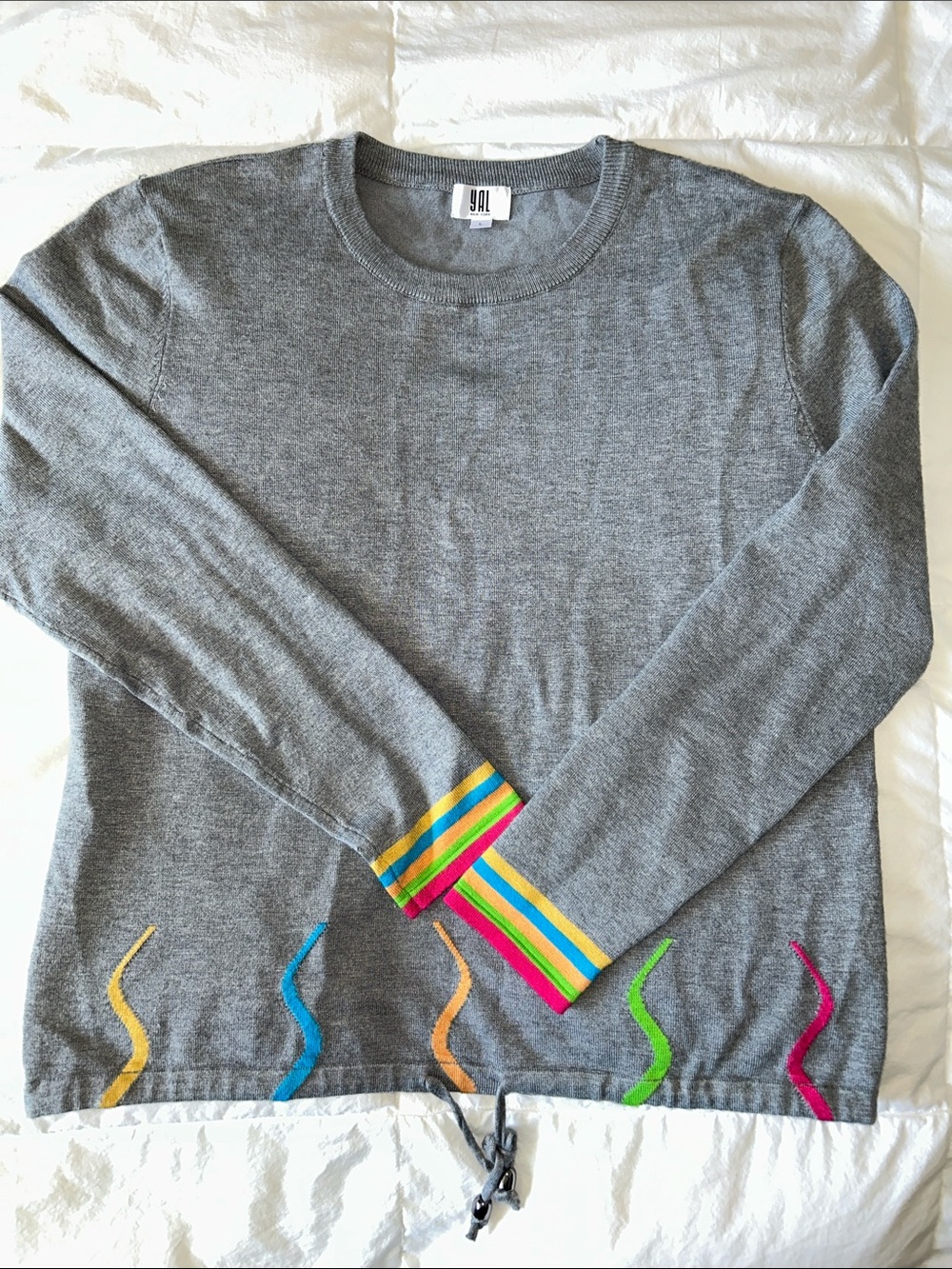 YAL Gray Crewneck Sweater with NEON Multicolor Stripe Cuffs